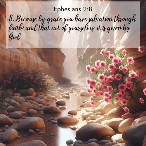BasicEnglish Ephesians  ; image nature: image with the bible verse :Because by grace you have salvation through faith; and that not of yourselves: it is given by God: ; Explore Bible verses paired with beach photos, where waves gently crash on the sand and the sky glows with pastel hues at sunset. These scenes convey deep serenity. Download verses like KJV Ephesians 2:8. Current verse is overlayed with the thematic nature scene : Desert roses bloom in a hidden canyon after rare rainfall. Their pink petals contrast against weathered sandstone walls. ; 2:8