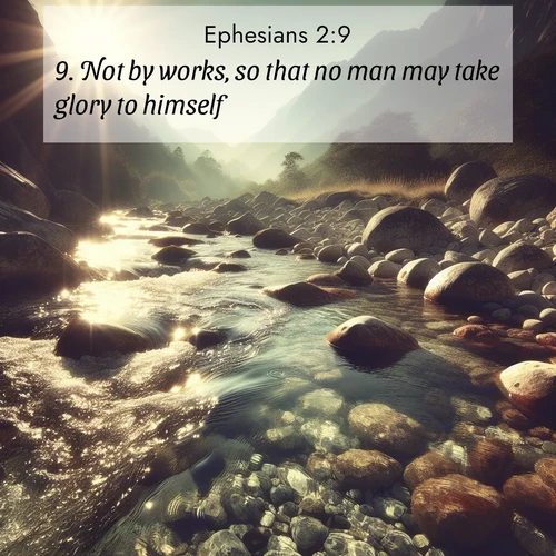 BasicEnglish Ephesians  ; image nature: image with the bible verse :Not by works, so that no man may take glory to himself. ; Explore a spring collection of Bible images, with landscapes of green hills, wildflowers, and crystal-clear streams. These images symbolize the blossoming of God&#039;s creation. Download verses like KJV Ephesians 2:9. Current verse is overlayed with the thematic nature scene : Mountain streams sing ancient songs. Sunlight dances through clear pools. ; 2:9