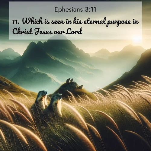 BBE Ephesians 3:11 overlaying nature image scene: Mountain meadow grasses bend in wind. Marmots whistle from rocky outcrops.;11. Which is seen in his eternal purpose in Christ Jesus our Lord: