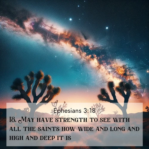 BBE Ephesians 3:18 overlaying nature image scene: Joshua trees reach twisted arms to desert stars. The Milky Way arcs overhead like a river of light.;18. May have strength to see with all the saints how wide and long and high and deep it is,