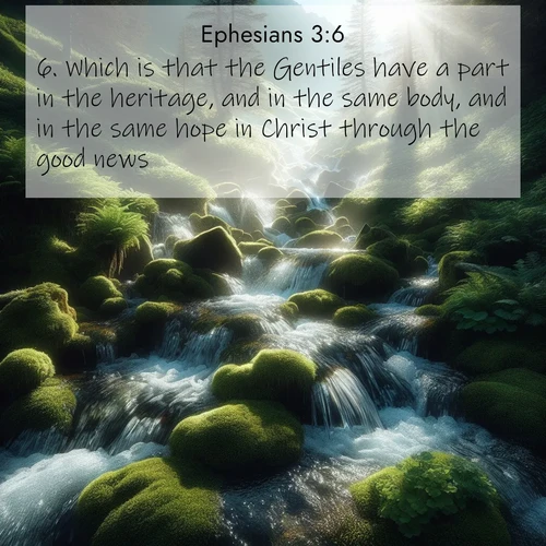 BBE Ephesians 3:6 overlaying nature image scene: Mountain streams tumble through moss. Sunlight creates crystal prisms.;6. Which is that the Gentiles have a part in the heritage, and in the same body, and in the same hope in Christ through the good news,