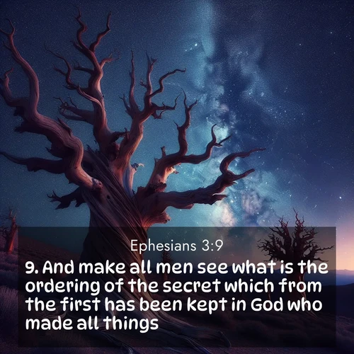 BBE Ephesians 3:9 overlaying nature image scene: Ancient bristlecone pines twist toward stars. Time stands still in their presence.;9. And make all men see what is the ordering of the secret which from the first has been kept in God who made all things;