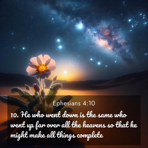 BBE Ephesians 4:10 overlaying nature image scene: Desert primrose opens to stars. Night wind carries sweet perfume.;10. He who went down is the same who went up far over all the heavens so that he might make all things complete.)