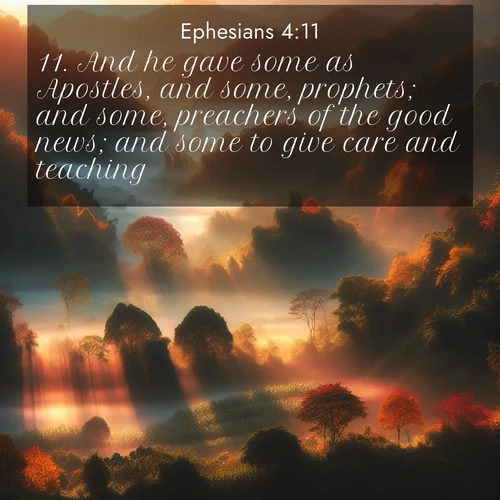 BBE Ephesians 4:11 overlaying nature image scene: Autumn mist rises from warming morning valleys.;11. And he gave some as Apostles, and some, prophets; and some, preachers of the good news; and some to give care and teaching;