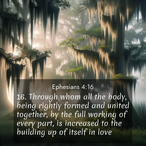 BBE Ephesians 4:16 overlaying nature image scene: Moss-draped cypress trees emerge from morning fog. Spanish moss sways like ancient lace.;16. Through whom all the body, being rightly formed and united together, by the full working of every part, is increased to the building up of itself in love.