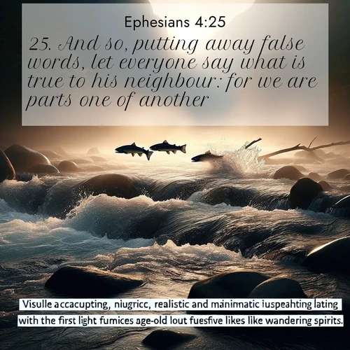 BBE Ephesians 4:25 overlaying nature image scene: Wild salmon leap ancient rapids. Mist rises like spirits at dawn.;25. And so, putting away false words, let everyone say what is true to his neighbour: for we are parts one of another.
