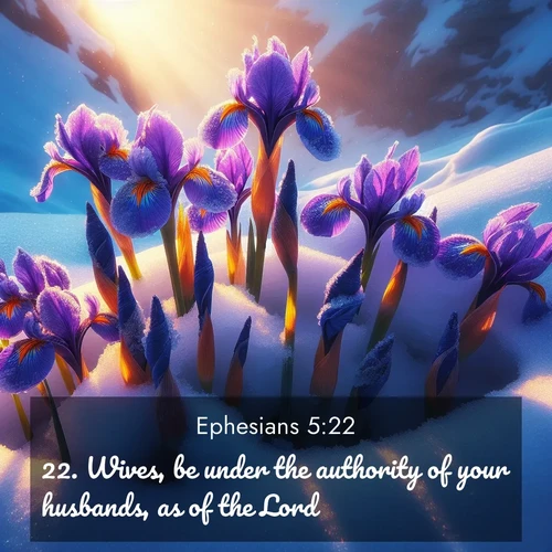 BBE Ephesians 5:22 overlaying nature image scene: Wild iris blooms pierce through melting snow. Alpine sunlight ignites their petals.;22. Wives, be under the authority of your husbands, as of the Lord.