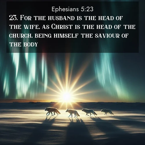 BBE Ephesians 5:23 overlaying nature image scene: Arctic wolves traverse windswept tundra. Northern lights paint their fur in shifting colors.;23. For the husband is the head of the wife, as Christ is the head of the church, being himself the saviour of the body.