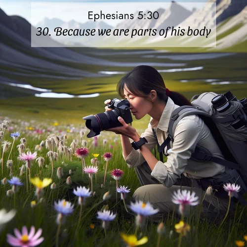 BBE Ephesians 5:30 overlaying nature image scene: A naturalist photographs rare blooms. Alpine winds toss wildflower meadows.;30. Because we are parts of his body.