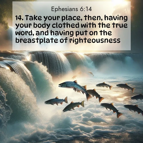 BBE Ephesians 6:14 overlaying nature image scene: Wild salmon leap ancient waterfalls. Mist rises like spirits in morning light.;14. Take your place, then, having your body clothed with the true word, and having put on the breastplate of righteousness;