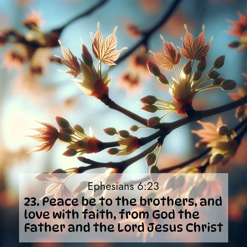 BBE Ephesians 6:23 overlaying nature image scene: Spring buds burst open on maple branches against a blue sky.;23. Peace be to the brothers, and love with faith, from God the Father and the Lord Jesus Christ.
