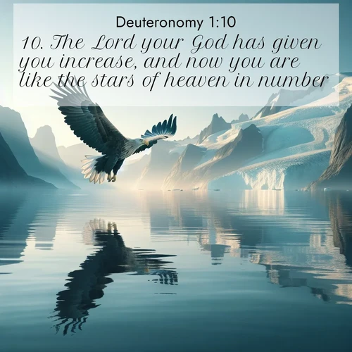 BasicEnglish Deuteronomy  ; image nature: image with the bible verse :The Lord your God has given you increase, and now you are like the stars of heaven in number. ; Admire Bible verse images capturing the beauty of beaches, with turquoise waters, palm trees, and peaceful shores. These soothing scenes reflect God&#039;s serenity and majesty. Download and share verses like KJV Deuteronomy 1:10. Current verse is overlayed with the thematic nature scene : A sea eagle soars above fjord waters. Glaciers loom blue in Arctic light. ; 1:10