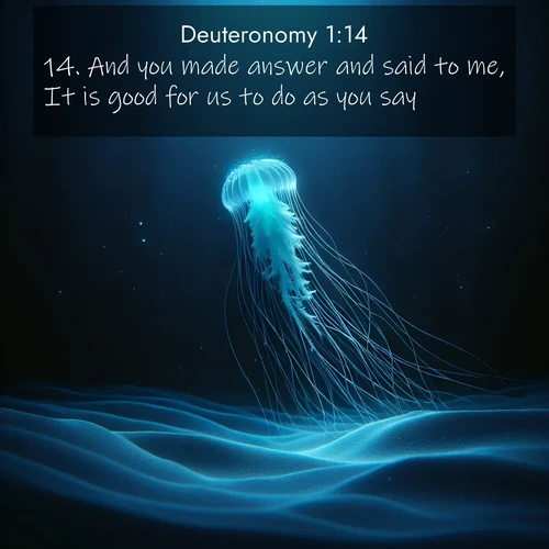 BBE Deuteronomy 1:14 overlaying nature image scene: A lone jellyfish pulses through midnight waters. Its bioluminescent tendrils paint trails of azure light in the depths.;14. And you made answer and said to me, It is good for us to do as you say.