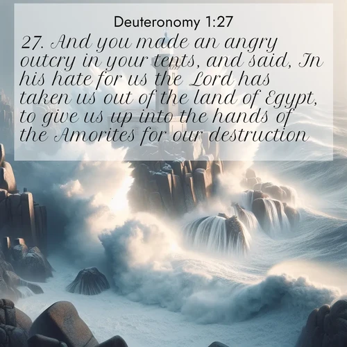BasicEnglish Deuteronomy  ; image nature: image with the bible verse :And you made an angry outcry in your tents, and said, In his hate for us the Lord has taken us out of the land of Egypt, to give us up into the hands of the Amorites for our destruction. ; Access a vast collection of Bible verse images illustrated with natural landscapes like calm rivers, blooming fields, and bright horizons. These images emphasize the serenity and splendor of God&#039;s creation, accompanied by aesthetic fonts and joyful colors. Download verses like KJV Deuteronomy 1:27 and share them. Current verse is overlayed with the thematic nature scene : Winter storms send massive waves crashing against lighthouse rocks. ; 1:27