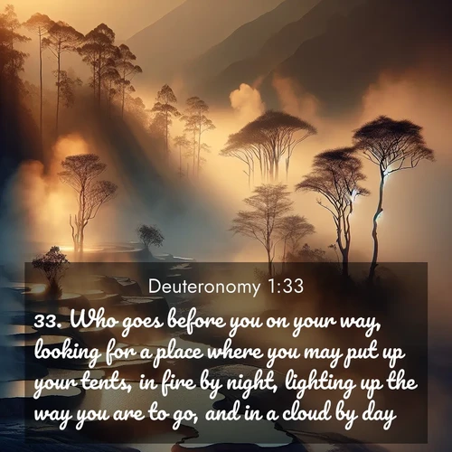 BasicEnglish Deuteronomy  ; image nature: image with the bible verse :Who goes before you on your way, looking for a place where you may put up your tents, in fire by night, lighting up the way you are to go, and in a cloud by day. ; Explore an exceptional collection of Bible verse images accompanied by photos of nature, showcasing snowy mountains, serene forests, and still lakes. These images feature luminous tones and varied fonts to bring serenity and inspiration. Share uplifting verses like KJV Deuteronomy 1:33. Current verse is overlayed with the thematic nature scene : Morning mist rises from thermal pools. Steam dragons dance in golden light. ; 1:33