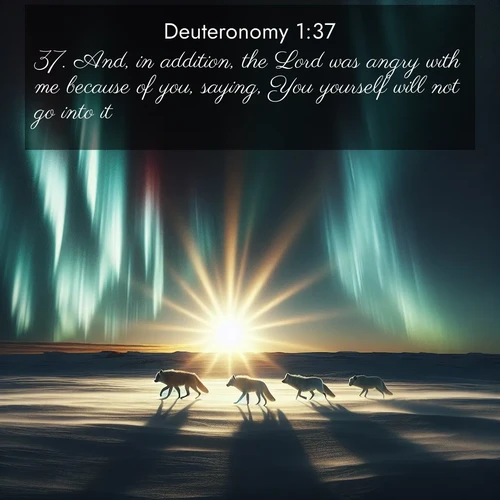 BBE Deuteronomy 1:37 overlaying nature image scene: Arctic wolves traverse windswept tundra. Northern lights paint their fur in shifting colors.;37. And, in addition, the Lord was angry with me because of you, saying, You yourself will not go into it: