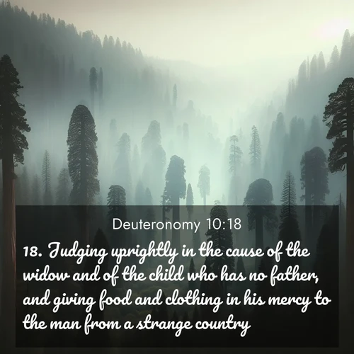 BBE Deuteronomy 10:18 overlaying nature image scene: Ancient sequoias pierce through valley fog. Centuries of growth reach for filtered light.;18. Judging uprightly in the cause of the widow and of the child who has no father, and giving food and clothing in his mercy to the man from a strange country.