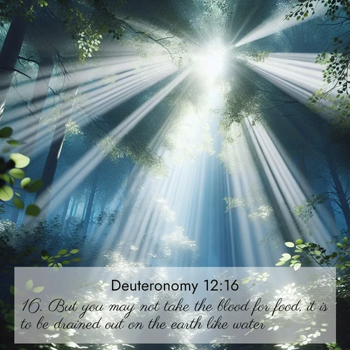 BBE Deuteronomy 12:16 overlaying nature image scene: Summer light filters through forest canopy like stained glass.;16. But you may not take the blood for food, it is to be drained out on the earth like water.