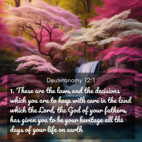 BBE Deuteronomy 12:1 overlaying nature image scene: A spring cascade plunges into a pool surrounded by flowering dogwood.;1. These are the laws and the decisions which you are to keep with care in the land which the Lord, the God of your fathers, has given you to be your heritage all the days of your life on earth.
