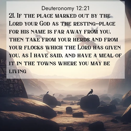 BBE Deuteronomy 12:21 overlaying nature image scene: Desert petroglyphs tell ancient stories. Ravens soar past wearing shadows for wings.;21. If the place marked out by the Lord your God as the resting-place for his name is far away from you, then take from your herds and from your flocks which the Lord has given you, as I have said, and have a meal of it in the towns where you may be living.
