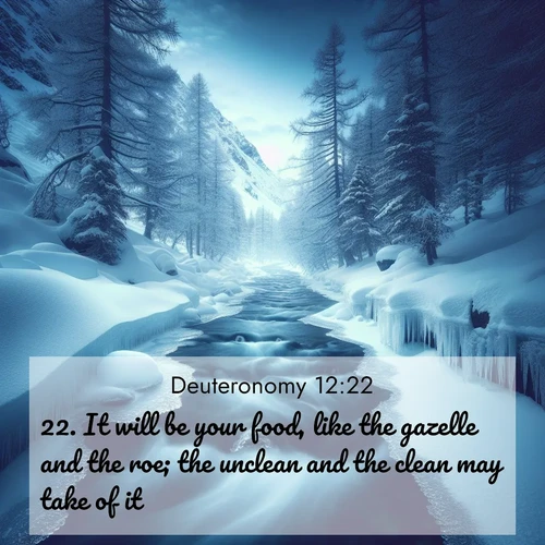 BBE Deuteronomy 12:22 overlaying nature image scene: A mountain stream disappears beneath winter ice. Its song continues in hidden chambers.;22. It will be your food, like the gazelle and the roe; the unclean and the clean may take of it.
