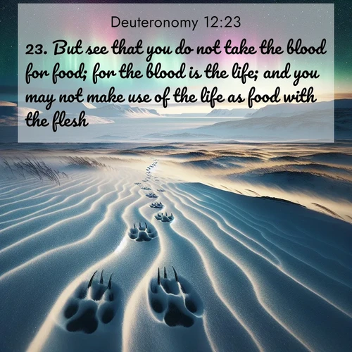 BBE Deuteronomy 12:23 overlaying nature image scene: Arctic fox tracks cross windswept tundra. Northern lights pulse overhead in cosmic rhythm.;23. But see that you do not take the blood for food; for the blood is the life; and you may not make use of the life as food with the flesh.
