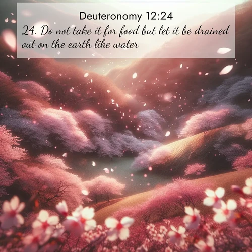 BBE Deuteronomy 12:24 overlaying nature image scene: Cherry blossoms blanket the hillside in soft pink snow, swirling through the air like nature's confetti.;24. Do not take it for food but let it be drained out on the earth like water.