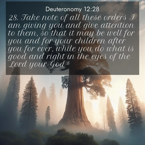BBE Deuteronomy 12:28 overlaying nature image scene: A giant sequoia reaches through morning fog. Centuries of growth stretch skyward in silent majesty.;28. Take note of all these orders I am giving you and give attention to them, so that it may be well for you and for your children after you for ever, while you do what is good and right in the eyes of the Lord your God.