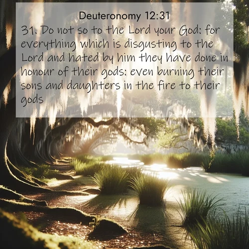 BBE Deuteronomy 12:31 overlaying nature image scene: Summer afternoon light filters through Spanish moss in a bayou.;31. Do not so to the Lord your God: for everything which is disgusting to the Lord and hated by him they have done in honour of their gods: even burning their sons and daughters in the fire to their gods.