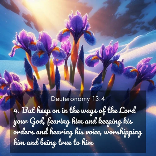 BasicEnglish Deuteronomy  ; image nature: image with the bible verse :But keep on in the ways of the Lord your God, fearing him and keeping his orders and hearing his voice, worshipping him and being true to him. ; Explore Bible verse images beautifully illustrated with spring scenes, such as blooming meadows, trees in full bloom, and tranquil streams. These landscapes convey divine hope and vitality. Download and share verses like KJV Deuteronomy 13:4. Current verse is overlayed with the thematic nature scene : Wild iris blooms pierce through melting snow. Alpine sunlight ignites their petals. ; 13:4