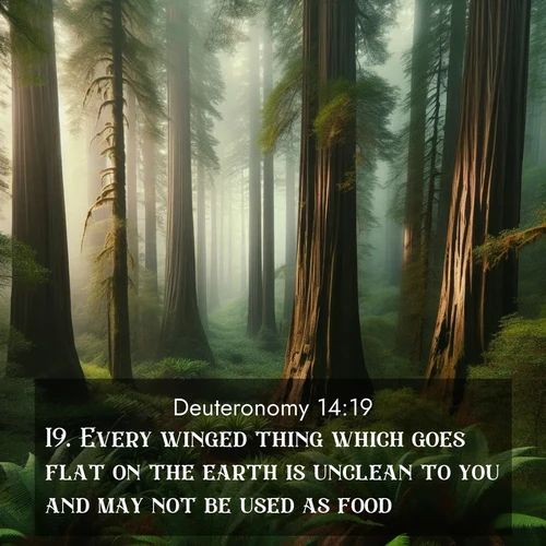 BBE Deuteronomy 14:19 overlaying nature image scene: Coastal redwoods disappear into the fog high above a fern grove.;19. Every winged thing which goes flat on the earth is unclean to you and may not be used as food.