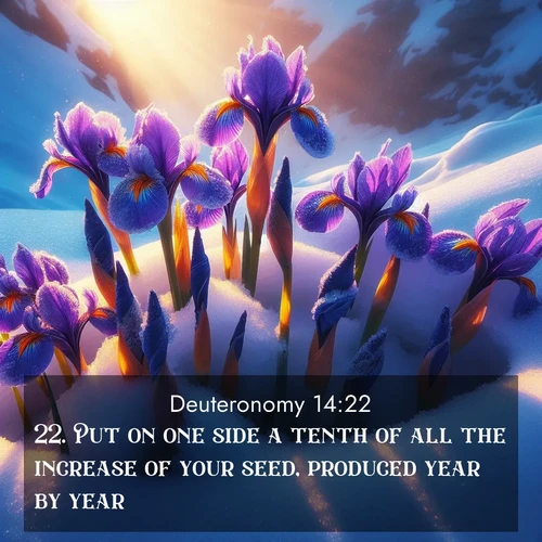 BBE Deuteronomy 14:22 overlaying nature image scene: Wild iris blooms pierce through melting snow. Alpine sunlight ignites their petals.;22. Put on one side a tenth of all the increase of your seed, produced year by year.