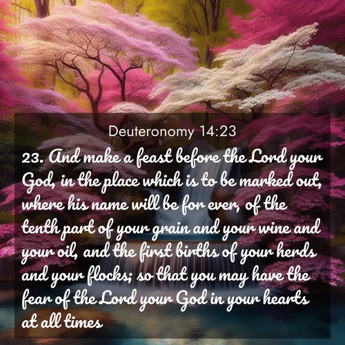 BBE Deuteronomy 14:23 overlaying nature image scene: A spring cascade plunges into a pool surrounded by flowering dogwood.;23. And make a feast before the Lord your God, in the place which is to be marked out, where his name will be for ever, of the tenth part of your grain and your wine and your oil, and the first births of your herds and your flocks; so that you may have the fear of the Lord your God in your hearts at all times.
