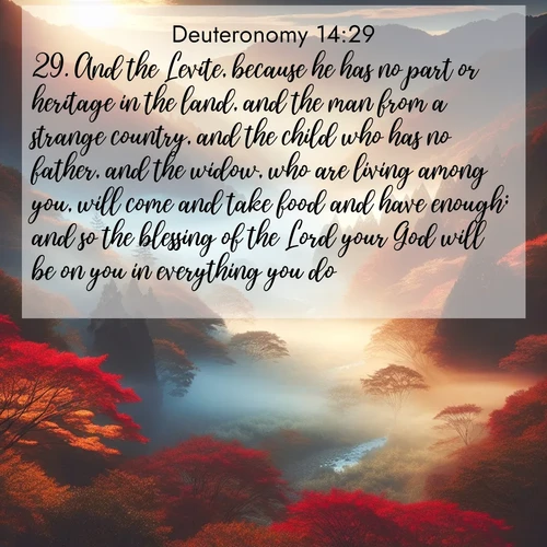 BBE Deuteronomy 14:29 overlaying nature image scene: Autumn mist rises from a valley dotted with red and gold maples.;29. And the Levite, because he has no part or heritage in the land, and the man from a strange country, and the child who has no father, and the widow, who are living among you, will come and take food and have enough; and so the blessing of the Lord your God will be on you in everything you do.