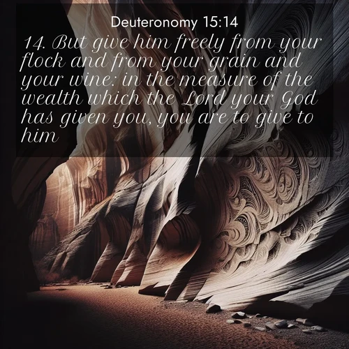 BasicEnglish Deuteronomy  ; image nature: image with the bible verse :But give him freely from your flock and from your grain and your wine: in the measure of the wealth which the Lord your God has given you, you are to give to him. ; Explore a collection of inspiring Bible verse images accompanied by winter photos, such as snowy landscapes, frosted trees, and frozen lakes. These images reflect the peace and purity of God&#039;s creation, with elegant fonts and luminous colors. Download and share verses like KJV Deuteronomy 15:14. Current verse is overlayed with the thematic nature scene : Desert varnish stains canyon walls. Ancient stories weather in stone. ; 15:14