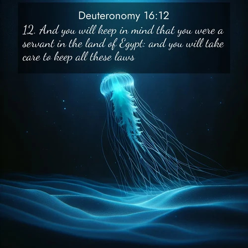 BBE Deuteronomy 16:12 overlaying nature image scene: A lone jellyfish pulses through midnight waters. Its bioluminescent tendrils paint trails of azure light in the depths.;12. And you will keep in mind that you were a servant in the land of Egypt: and you will take care to keep all these laws.