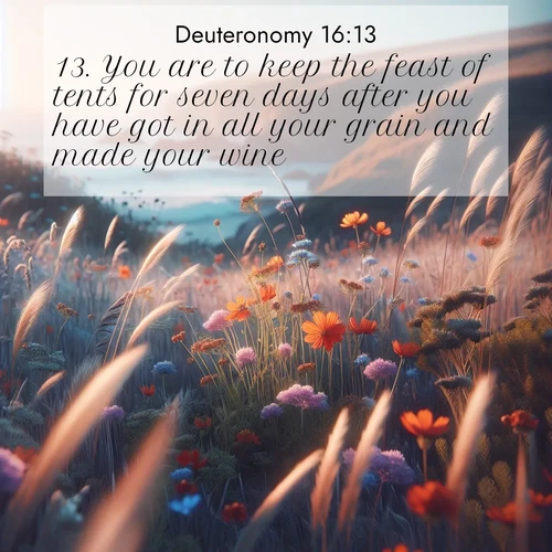 BBE Deuteronomy 16:13 overlaying nature image scene: Summer wildflowers wave in the breeze on coastal bluffs.;13. You are to keep the feast of tents for seven days after you have got in all your grain and made your wine: