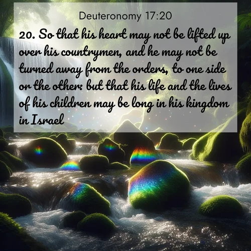 BBE Deuteronomy 17:20 overlaying nature image scene: Rainbow prisms dance in a waterfall's spray. Moss glows emerald in filtered light.;20. So that his heart may not be lifted up over his countrymen, and he may not be turned away from the orders, to one side or the other: but that his life and the lives of his children may be long in his kingdom in Israel.
