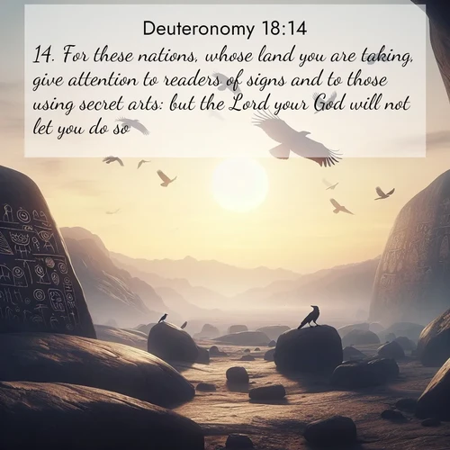 BasicEnglish Deuteronomy  ; image nature: image with the bible verse :For these nations, whose land you are taking, give attention to readers of signs and to those using secret arts: but the Lord your God will not let you do so. ; Discover a gallery of Bible verse images showcasing the beauty of autumn, with golden leaves, red forests, and peaceful fields bathed in soft light. These soothing scenes are perfect for accompanying inspiring verses like KJV Deuteronomy 18:14. Current verse is overlayed with the thematic nature scene : Desert petroglyphs tell ancient stories. Ravens soar past wearing shadows for wings. ; 18:14