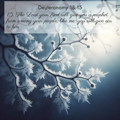 BasicEnglish Deuteronomy  ; image nature: image with the bible verse :The Lord your God will give you a prophet from among your people, like me; you will give ear to him; ; Access a vast collection of Bible verse images illustrated with natural landscapes like calm rivers, blooming fields, and bright horizons. These images emphasize the serenity and splendor of God&#039;s creation, accompanied by aesthetic fonts and joyful colors. Download verses like KJV Deuteronomy 18:15 and share them. Current verse is overlayed with the thematic nature scene : Winter frost coats bare branches in delicate crystal. ; 18:15