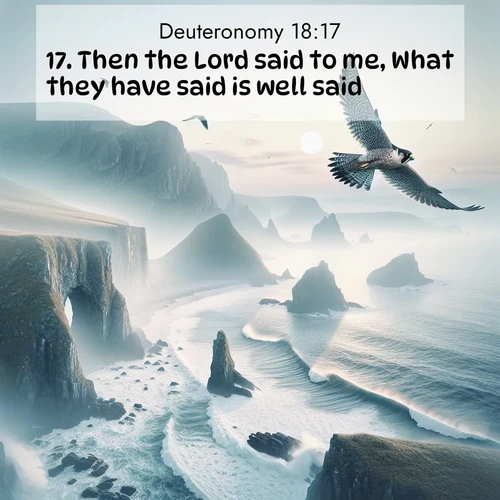 BasicEnglish Deuteronomy  ; image nature: image with the bible verse :Then the Lord said to me, What they have said is well said. ; Explore a spring collection of Bible images, with landscapes of green hills, wildflowers, and crystal-clear streams. These images symbolize the blossoming of God&#039;s creation. Download verses like KJV Deuteronomy 18:17. Current verse is overlayed with the thematic nature scene : A peregrine falcon rides thermal currents above coastal cliffs. Waves crash endlessly against the rocks below. ; 18:17