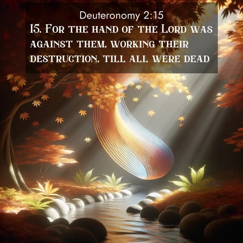 BasicEnglish Deuteronomy  ; image nature: image with the bible verse :For the hand of the Lord was against them, working their destruction, till all were dead. ; Admire Bible images evoking autumn, with warm colors of fallen leaves, harvested fields, and tranquil woods. These inspiring landscapes reflect the transition and beauty of God&#039;s creation. Download verses like KJV Deuteronomy 2:15. Current verse is overlayed with the thematic nature scene : Autumn leaves spiral through shafts of light. A hidden stream provides gentle music. ; 2:15