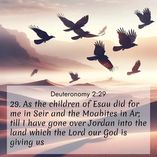 BasicEnglish Deuteronomy  ; image nature: image with the bible verse :As the children of Esau did for me in Seir and the Moabites in Ar; till I have gone over Jordan into the land which the Lord our God is giving us. ; Admire our gallery of Bible verse images showcasing divine beauty in nature—whether snowy peaks or serene oceans. Each image is freely downloadable and perfect for personal or spiritual use. Share verses like KJV Deuteronomy 2:29. Current verse is overlayed with the thematic nature scene : Desert ravens soar on thermal currents. Their wings wear shadows like cloaks. ; 2:29