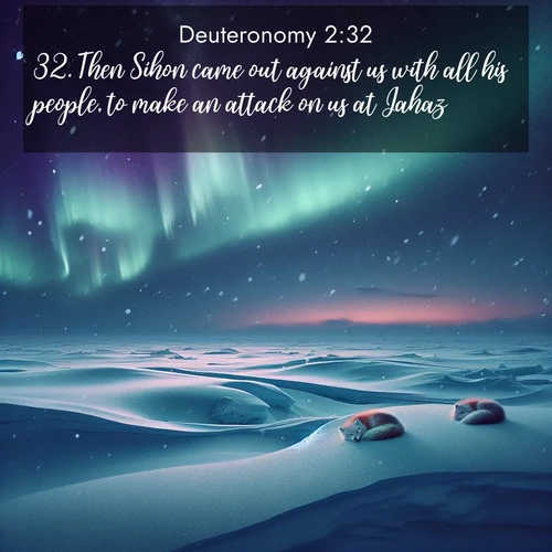 BasicEnglish Deuteronomy  ; image nature: image with the bible verse :Then Sihon came out against us with all his people, to make an attack on us at Jahaz. ; Admire our gallery of Bible verse images paired with serene nature photography, featuring starlit skies, golden sands, and blooming wildflowers. Download and share verses like KJV Deuteronomy 2:32. Current verse is overlayed with the thematic nature scene : Northern lights dance across the frozen tundra in ribbons of green and purple. Snow falls silently on sleeping arctic foxes. ; 2:32