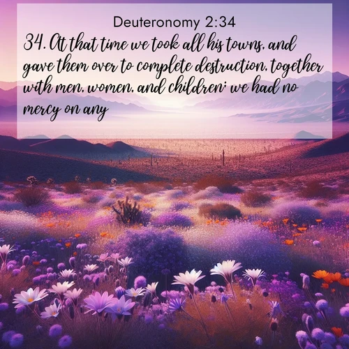BasicEnglish Deuteronomy  ; image nature: image with the bible verse :At that time we took all his towns, and gave them over to complete destruction, together with men, women, and children; we had no mercy on any: ; Admire Bible images evoking autumn, with warm colors of fallen leaves, harvested fields, and tranquil woods. These inspiring landscapes reflect the transition and beauty of God&#039;s creation. Download verses like KJV Deuteronomy 2:34. Current verse is overlayed with the thematic nature scene : Desert wildflowers carpet Death Valley after winter rains. Mountains fade to purple on the horizon. ; 2:34