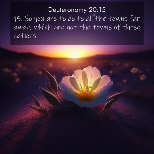 BasicEnglish Deuteronomy  ; image nature: image with the bible verse :So you are to do to all the towns far away, which are not the towns of these nations. ; Discover our unique collection of Bible verse images integrated with photos showcasing the majesty of nature, such as rocky mountains, ancient trees, and crystal-clear lakes. These images feature luminous colors and text in varied fonts, reflecting the harmony of God&#039;s creation. Download verses like KJV Deuteronomy 20:15. Current verse is overlayed with the thematic nature scene : Desert evening primrose opens to the setting sun. Stars emerge in the deepening purple sky. ; 20:15