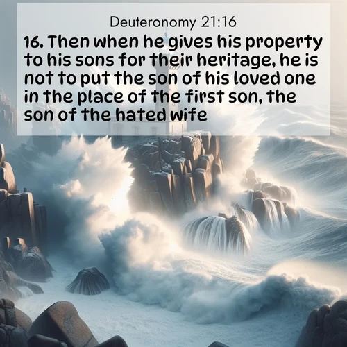 BasicEnglish Deuteronomy  ; image nature: image with the bible verse :Then when he gives his property to his sons for their heritage, he is not to put the son of his loved one in the place of the first son, the son of the hated wife: ; Browse an inspiring gallery of Bible verse images with nature photos, such as blooming gardens, golden deserts, and shaded forests. The chosen images capture the peaceful and joyful essence of God&#039;s creation, with vibrant colors and harmonious fonts. Share verses like KJV Deuteronomy 21:16. Current verse is overlayed with the thematic nature scene : Winter storms send massive waves crashing against lighthouse rocks. ; 21:16