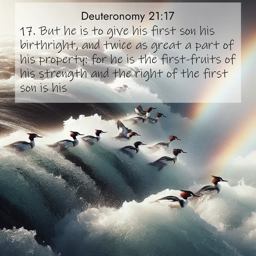 BasicEnglish Deuteronomy  ; image nature: image with the bible verse :But he is to give his first son his birthright, and twice as great a part of his property: for he is the first-fruits of his strength and the right of the first son is his. ; Download Bible verse images paired with breathtaking nature photos like golden deserts, shimmering seas, and blossoming orchards. These high-quality, free images are perfect for wallpapers or sharing. Verses include KJV Deuteronomy 21:17. Current verse is overlayed with the thematic nature scene : Wild mergansers ride white water rapids. Spray creates endless rainbows. ; 21:17