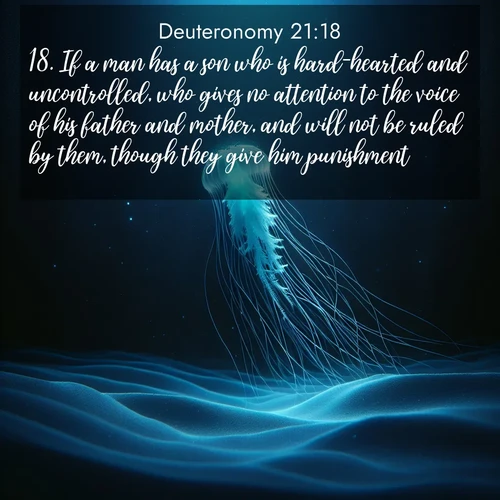 BasicEnglish Deuteronomy  ; image nature: image with the bible verse :If a man has a son who is hard-hearted and uncontrolled, who gives no attention to the voice of his father and mother, and will not be ruled by them, though they give him punishment: ; Discover Bible images adorned with spring landscapes, like tulip fields, cherry blossoms, and green hills. These bright scenes symbolize God&#039;s renewal and grace. Download verses like KJV Deuteronomy 21:18. Current verse is overlayed with the thematic nature scene : A lone jellyfish pulses through midnight waters. Its bioluminescent tendrils paint trails of azure light in the depths. ; 21:18