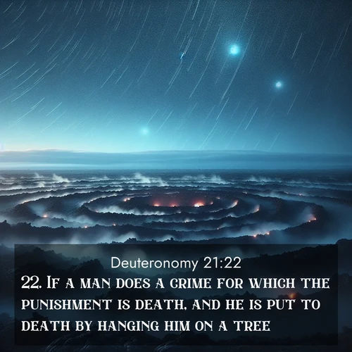 BasicEnglish Deuteronomy  ; image nature: image with the bible verse :If a man does a crime for which the punishment is death, and he is put to death by hanging him on a tree; ; Admire Bible verse images illustrated by desert scenes, such as sunsets over dunes, majestic rocks, and solitary cacti. These images capture the majesty of God in arid places. Download and share verses like KJV Deuteronomy 21:22. Current verse is overlayed with the thematic nature scene : Volcanic steam rises through a field of black lava. Stars wheel overhead in the thin air. ; 21:22
